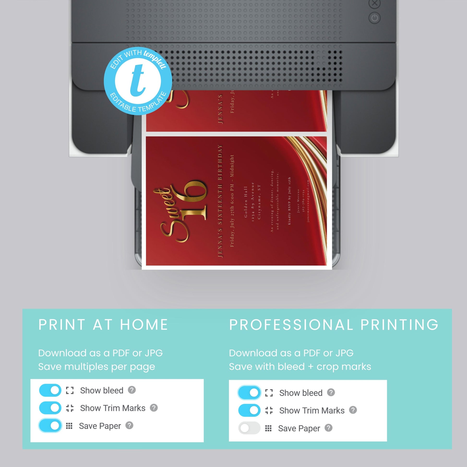 Red and Gold Sweet 16 Invite, Customizable Digital Invitation Template, Elegant Quinceanera Birthday Invite