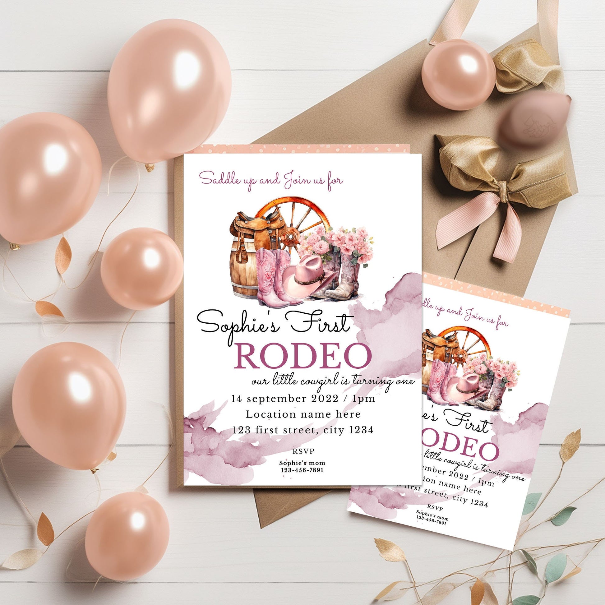 Cowgirl 1st Birthday Invitation Template: Western Rodeo Party (4x6, 5x7)