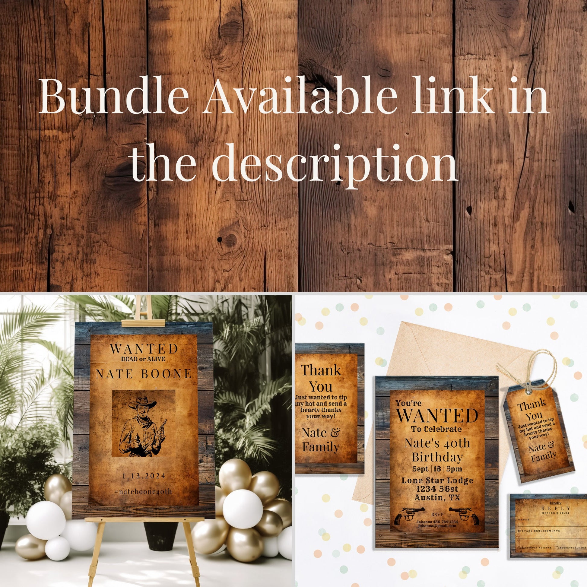 Western 40th Birthday Invitation Template Set | Editable Wanted Poster & Thank You Tag Bundle | Cowboy Party Digital Download
