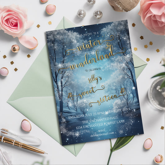Winter Wonderland Sweet 16 Invitation – Editable Silver Snowflake Template