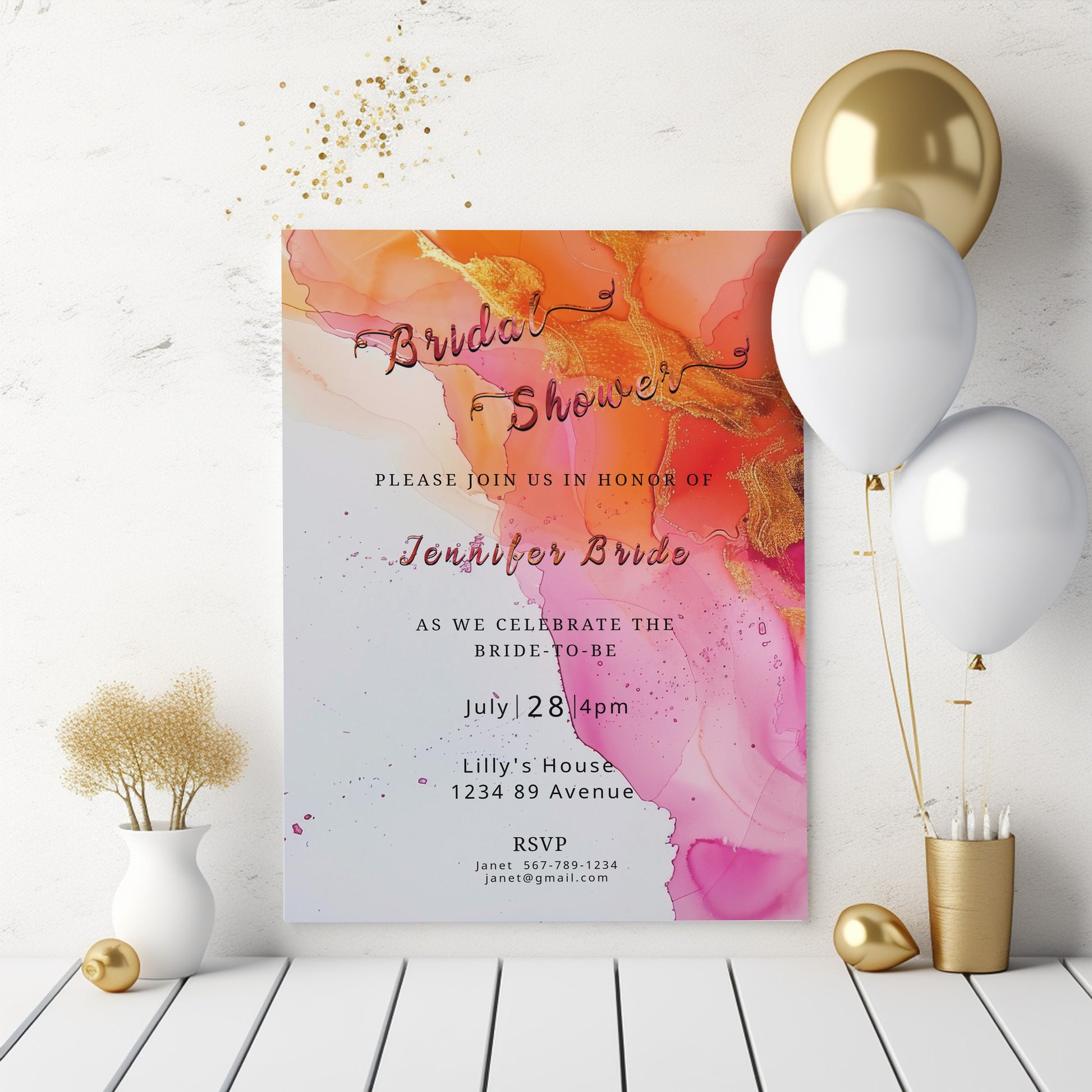 Hot Pink & Orange Baby Shower Invitation Editable Alcohol Ink Invite Template
