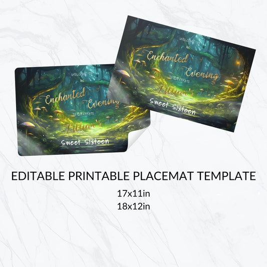 Enchanted Forest Placemat – Editable Party Template with Gold Foil Lettering
