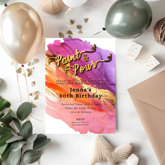 Paint & Pour Birthday Invitation | Editable Art Party Template | Gold Foil 5x7 Digital Download