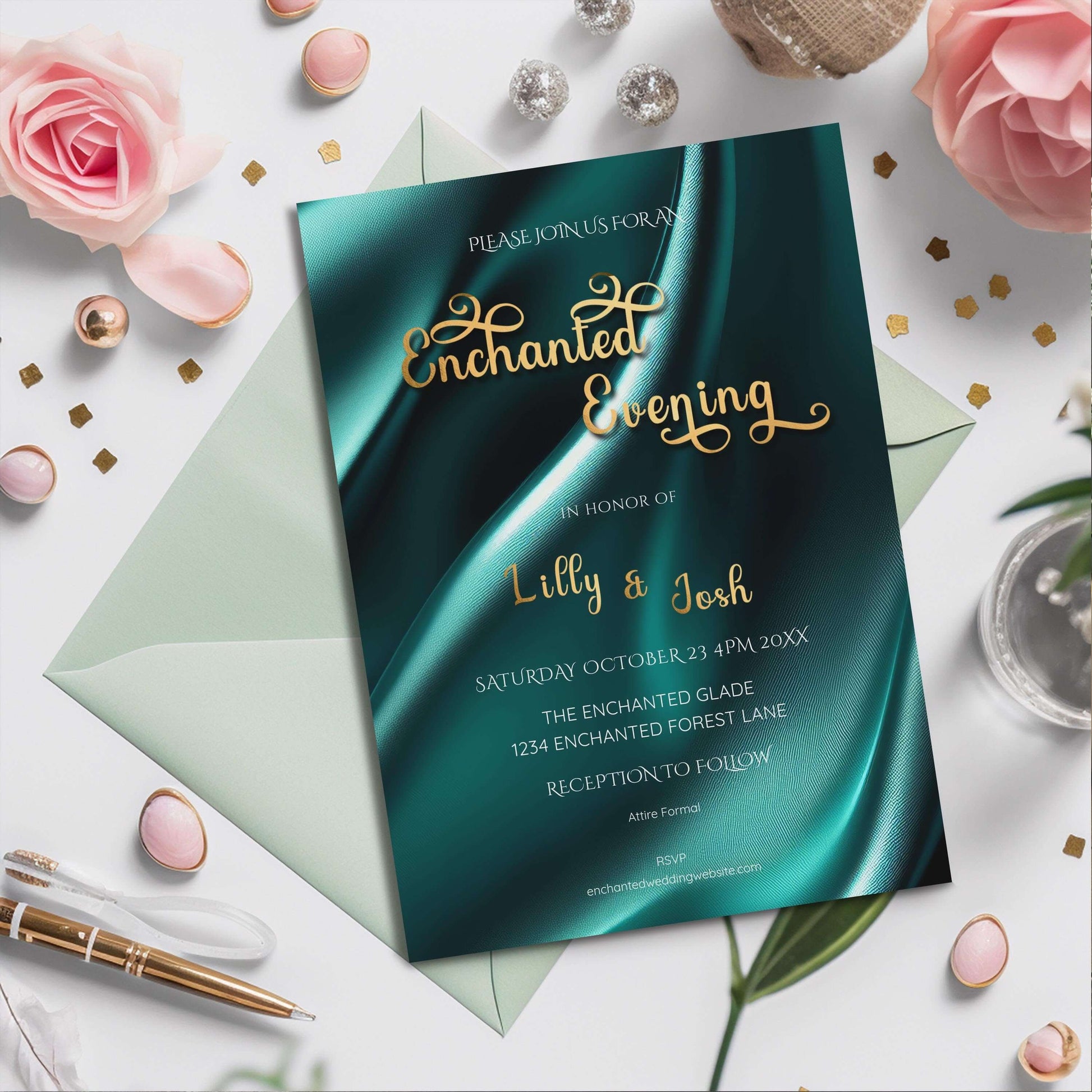 Teal & Gold Wedding Invitation | Elegant Enchanted Evening Template | Editable 5x7 Digital Download
