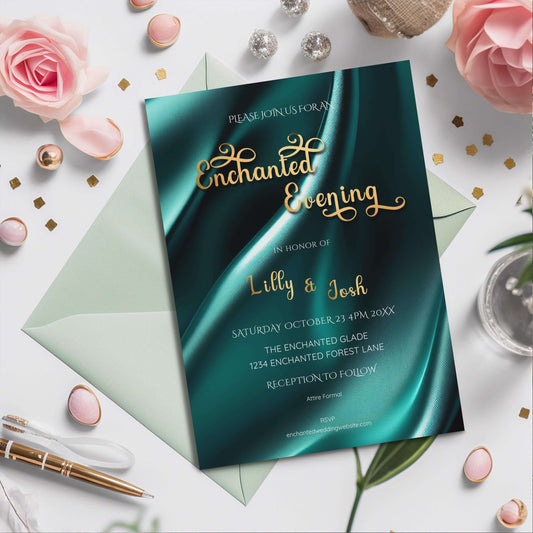 Teal & Gold Wedding Invitation | Elegant Enchanted Evening Template | Editable 5x7 Digital Download