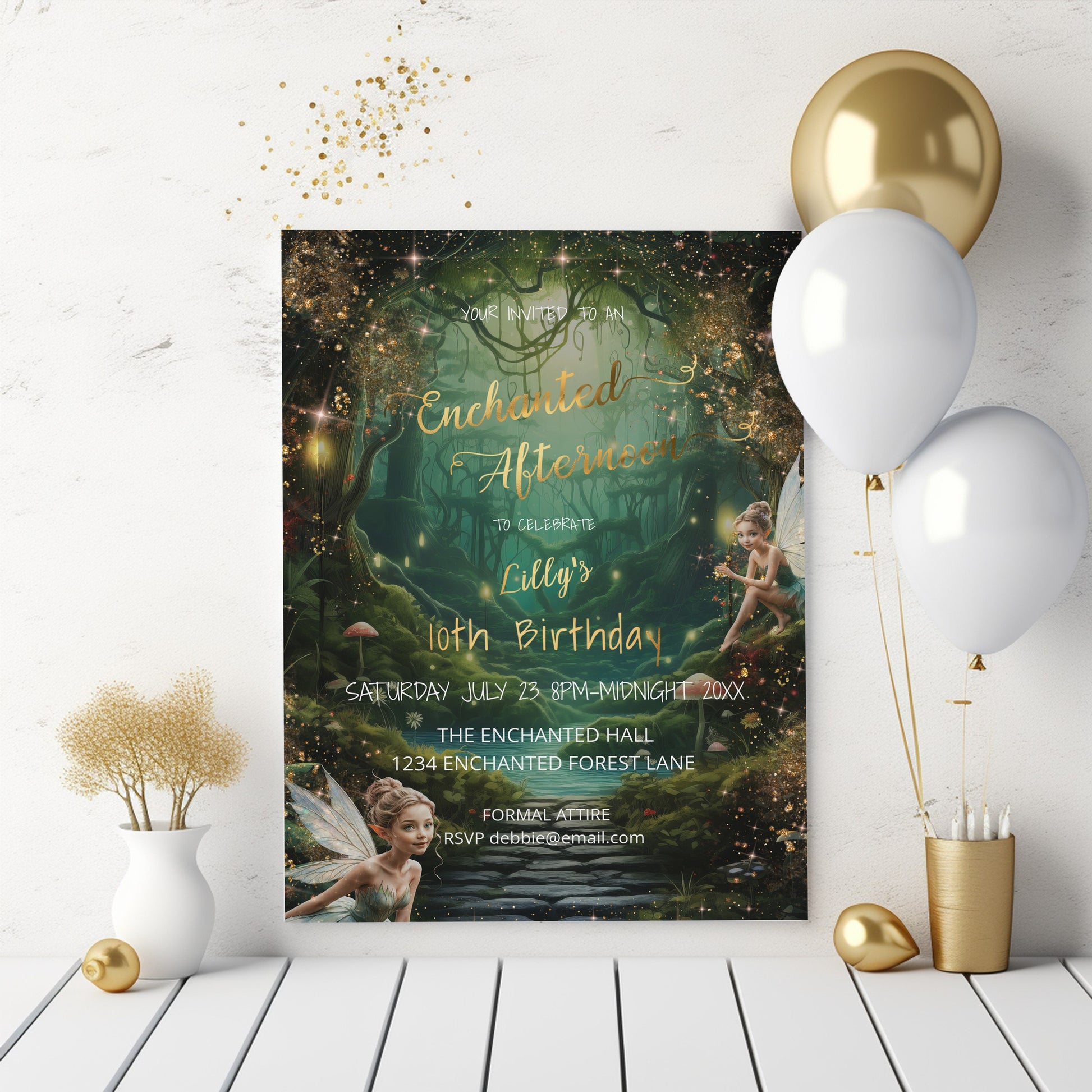 Emerald Green Enchanted Forest Birthday Invitation – Green & Gold Editable Template