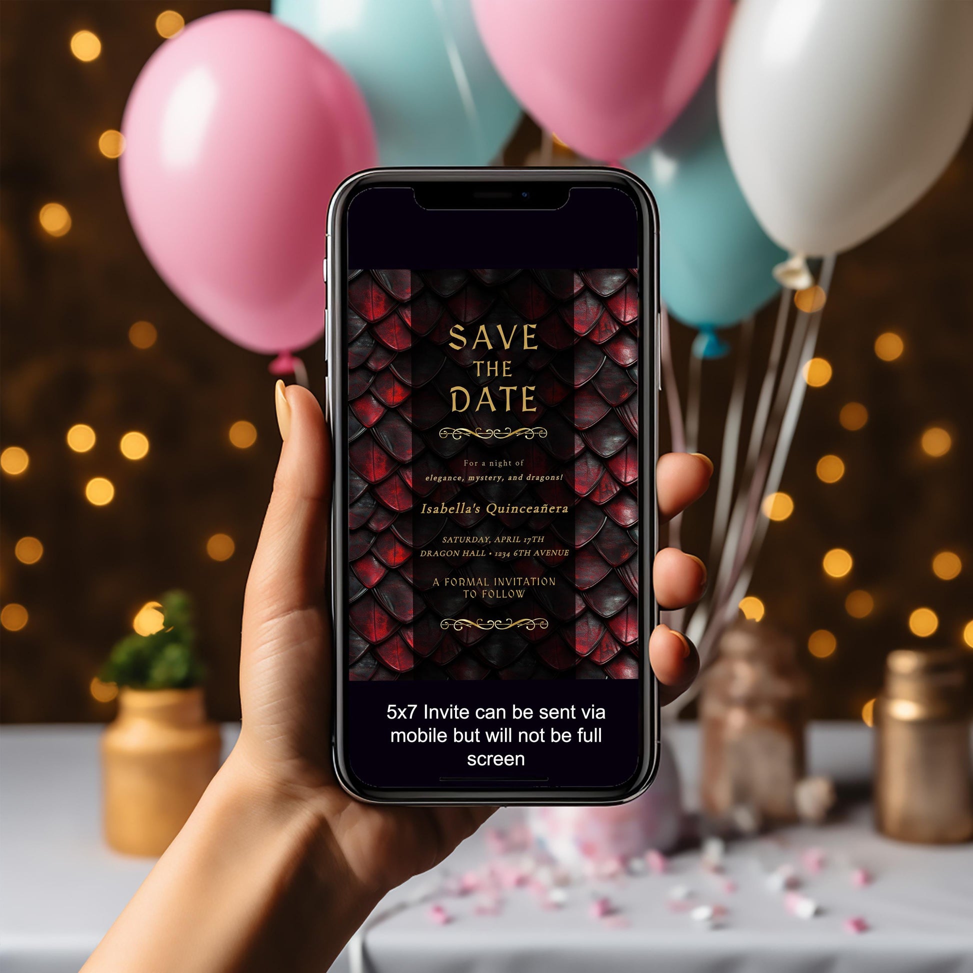 Editable Dragon Quinceañera Save the Date | Red, Black & Gold Fantasy Template (5x7")