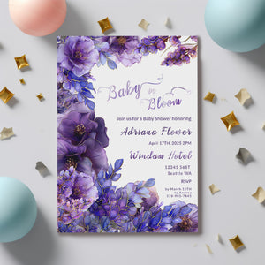 Purple Floral Baby Shower Invitation – Editable Digital Template