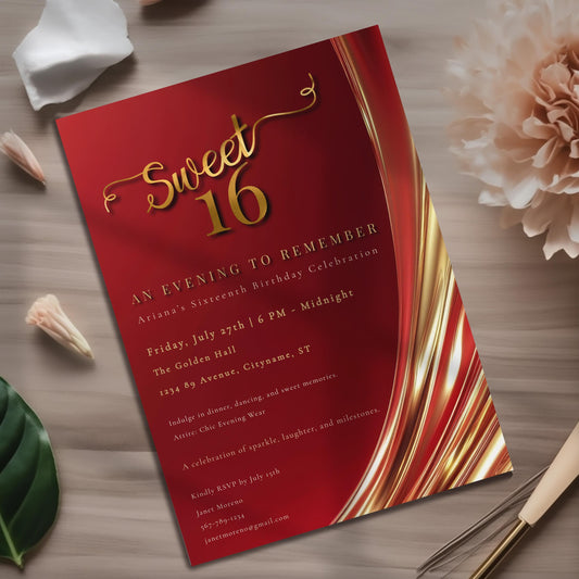 Red and Gold Sweet 16 Invite, Customizable Digital Invitation Template, Elegant Quinceanera Birthday Invite