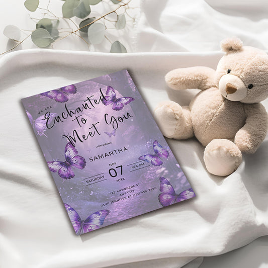 Enchanted to Meet You Baby Shower Invitation – Purple Butterfly Editable Template