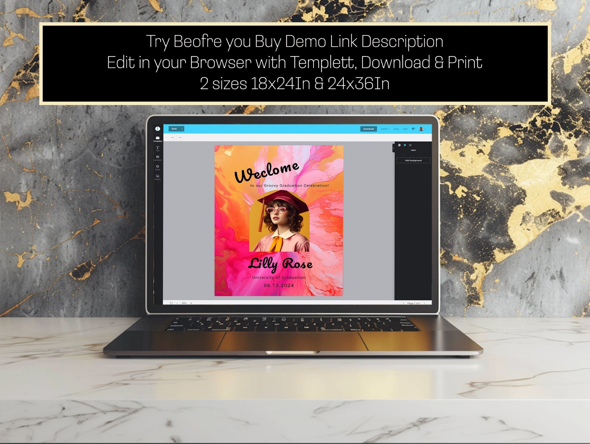 Groovy Retro Graduation Welcome Sign | Hot Pink Orange | Photo Arch | 18×24 / 24×36 | Editable Template