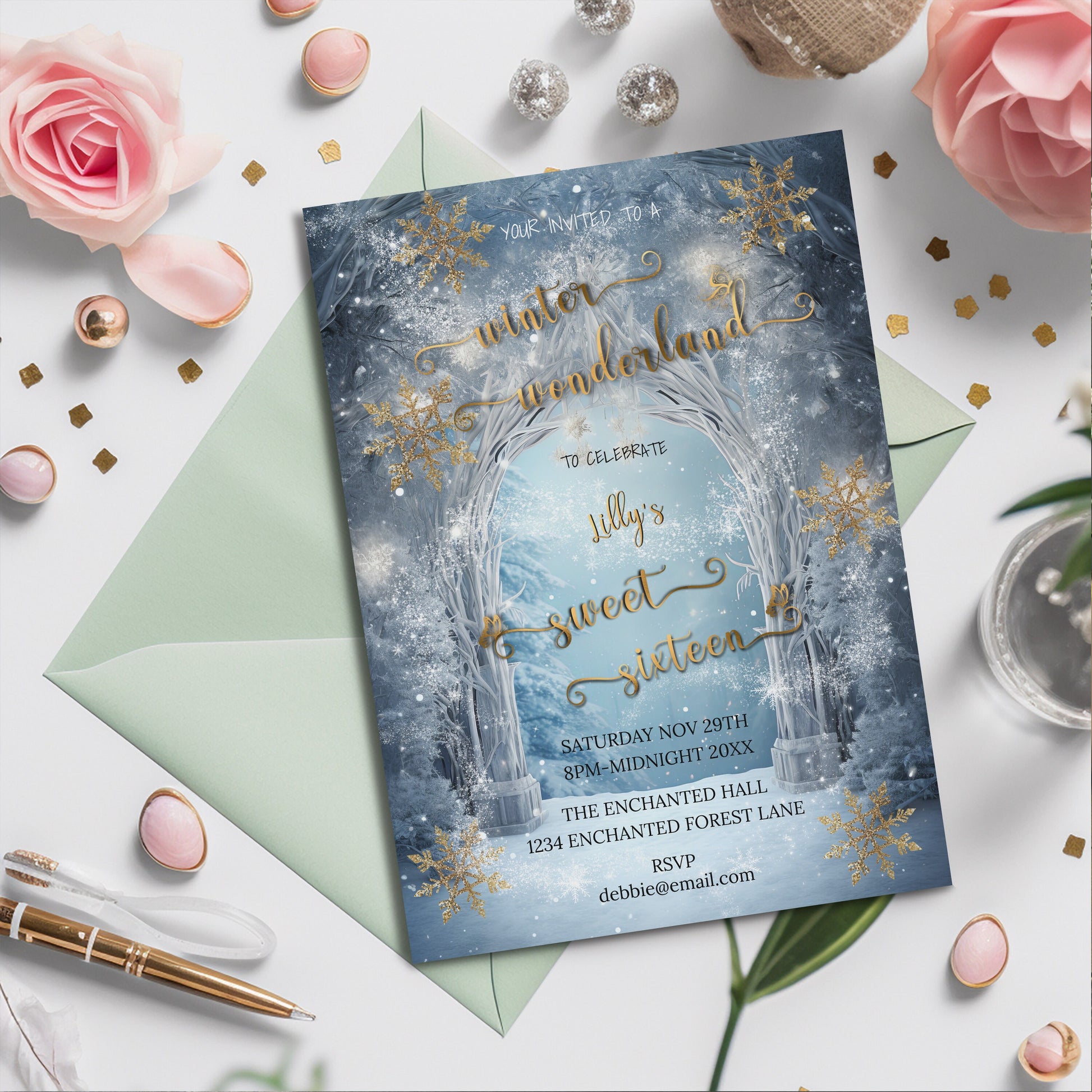 Winter Wonderland Invitation – Sweet 16 Editable Template With Gold Foil Design
