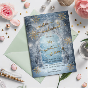Winter Wonderland Invitation – Sweet 16 Editable Template With Gold Foil Design