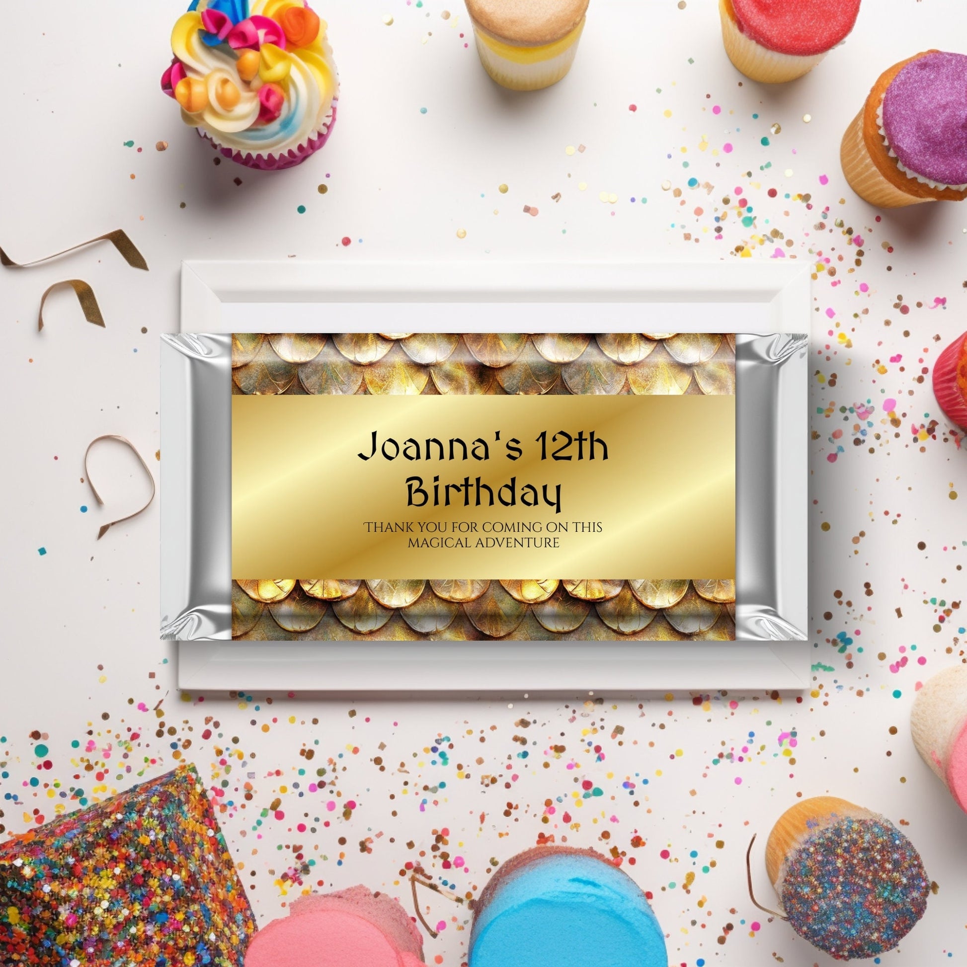 Dragon Scales Chocolate Wrapper – Editable Party Favor Template | Gold Design