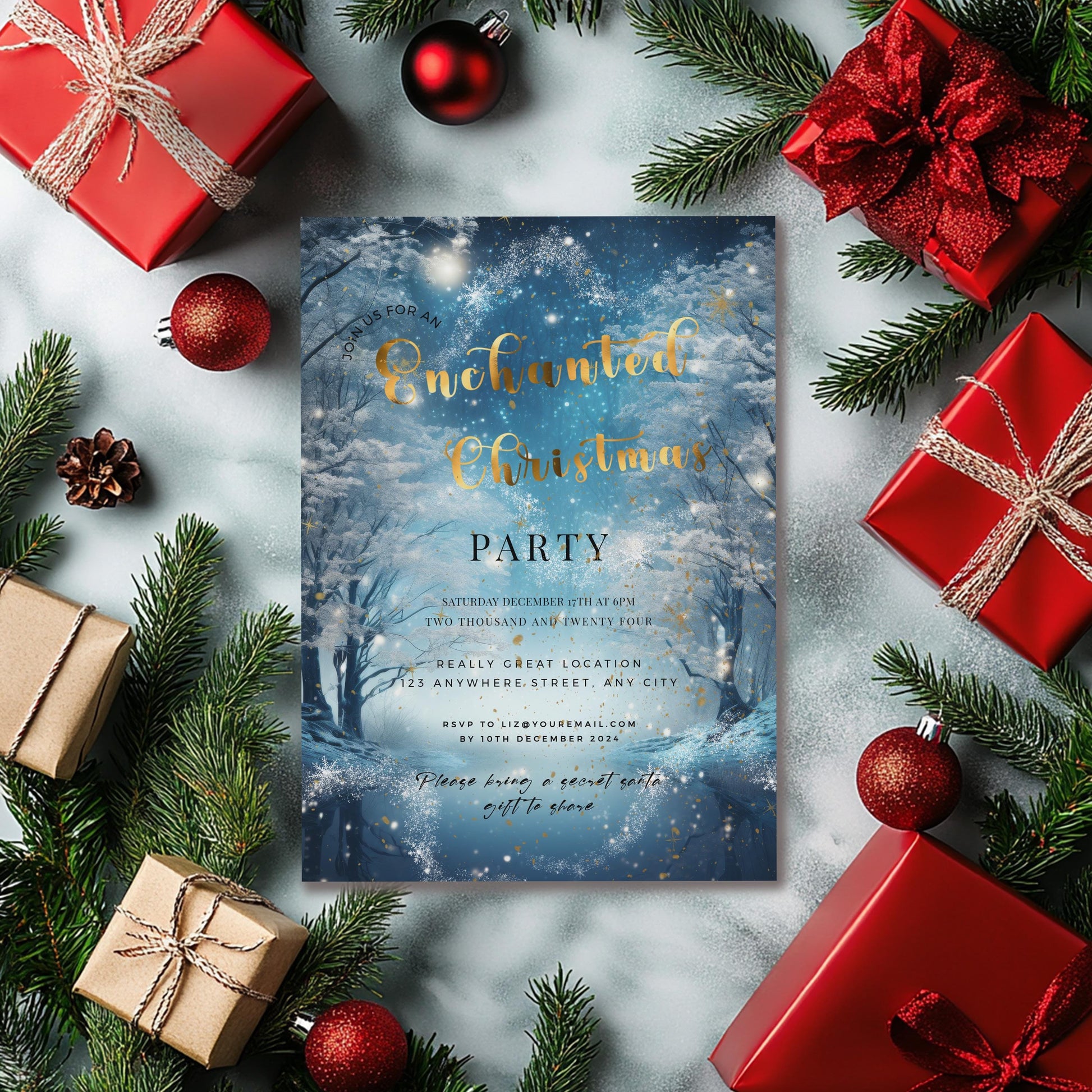 Enchanted Forest Christmas Party Invitation – Elegant Holiday Editable Template