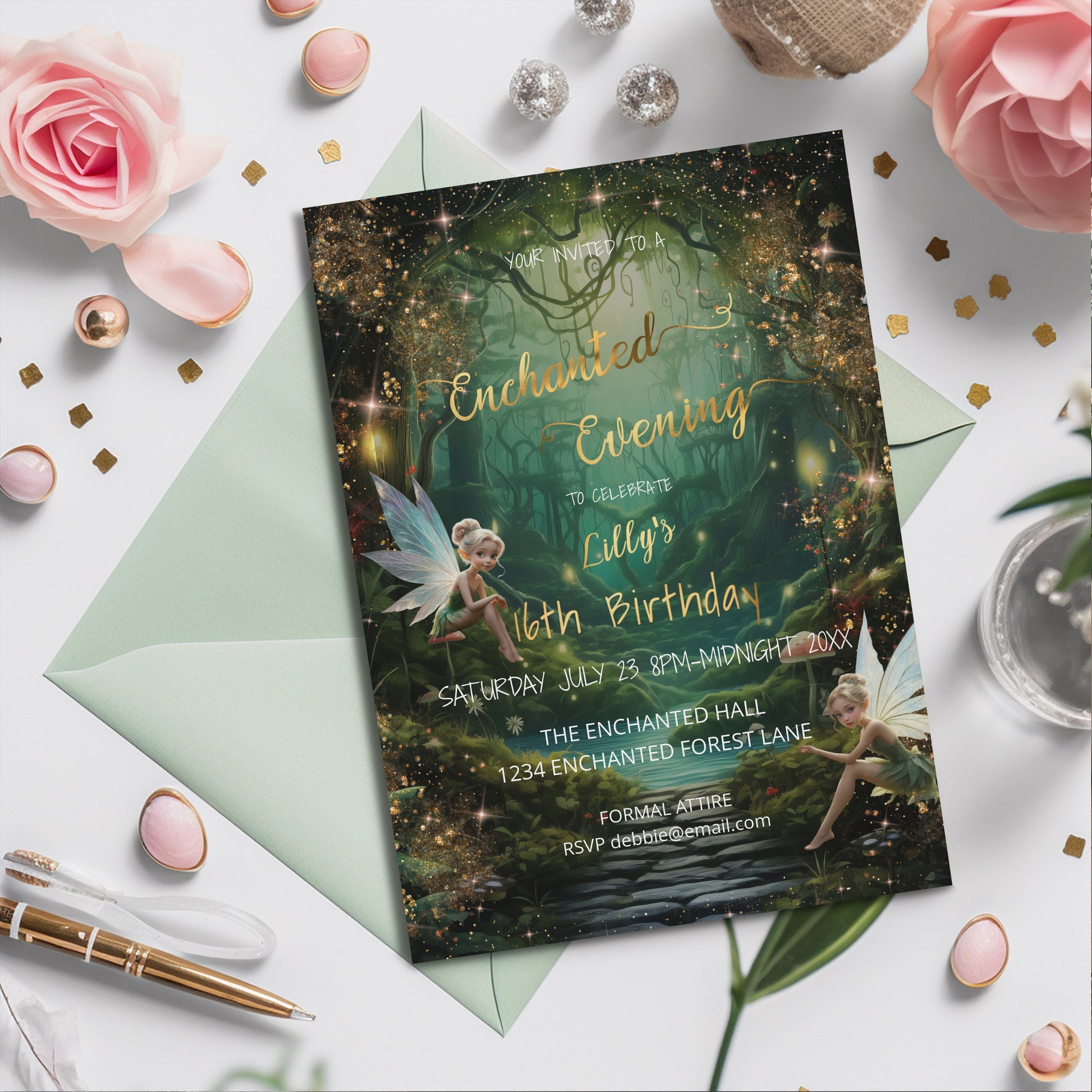 Emerald Green Enchanted Forest Sweet 16 Invitation – Fairytale Editable Template