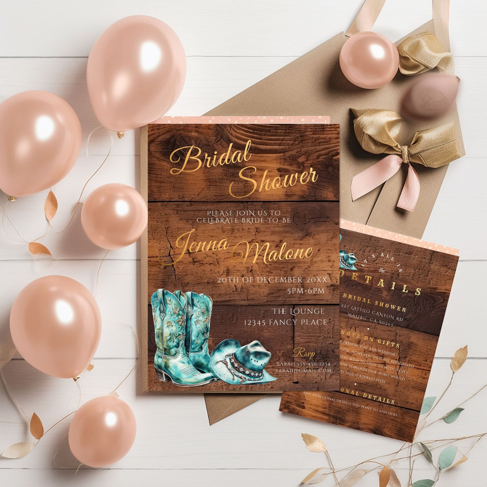 Teal Cowgirl Bridal Shower Invitation Bundle | Rustic Western Editable Templates