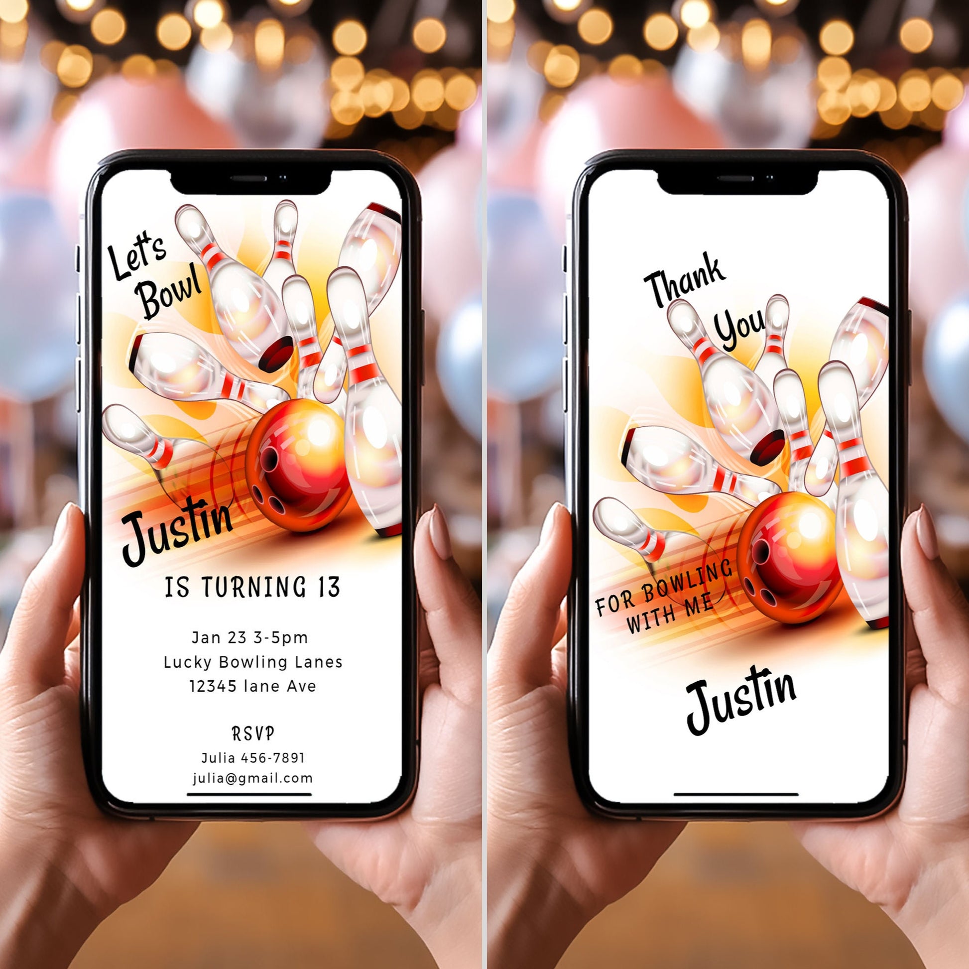 Mobile Bowling Birthday Invitation: Editable Smartphone Template (Bonus Thank You)