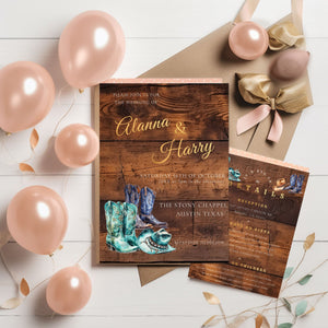 Turquoise Cowgirl Wedding Invite, RSVP & Details Card-Western Rustic Wedding-cowgirl boots-Template Editable - Gold Lettering, Printable
