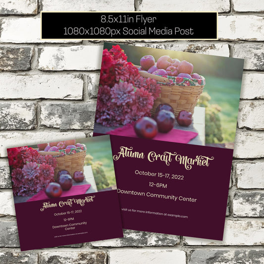 Autumn Craft Fair Flyer & Social Media Template | Editable Fall Market Event Design | Printable 8.5x11 + 1080x1080