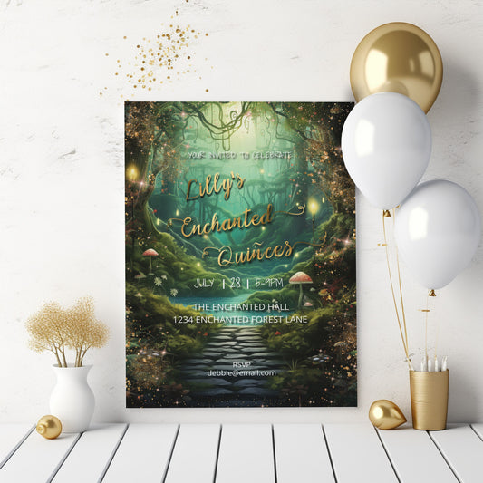 Quinceañera Invitation Template – Enchanted Forest Editable Green & Gold Invite