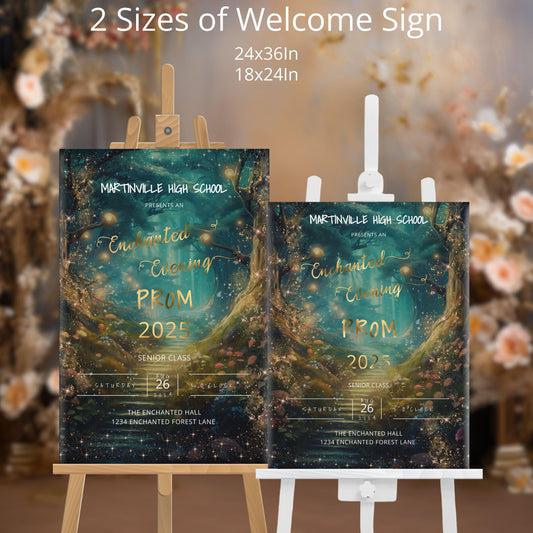 Enchanted Forest Welcome Sign – Editable Prom Poster with Gold Foil Lettering