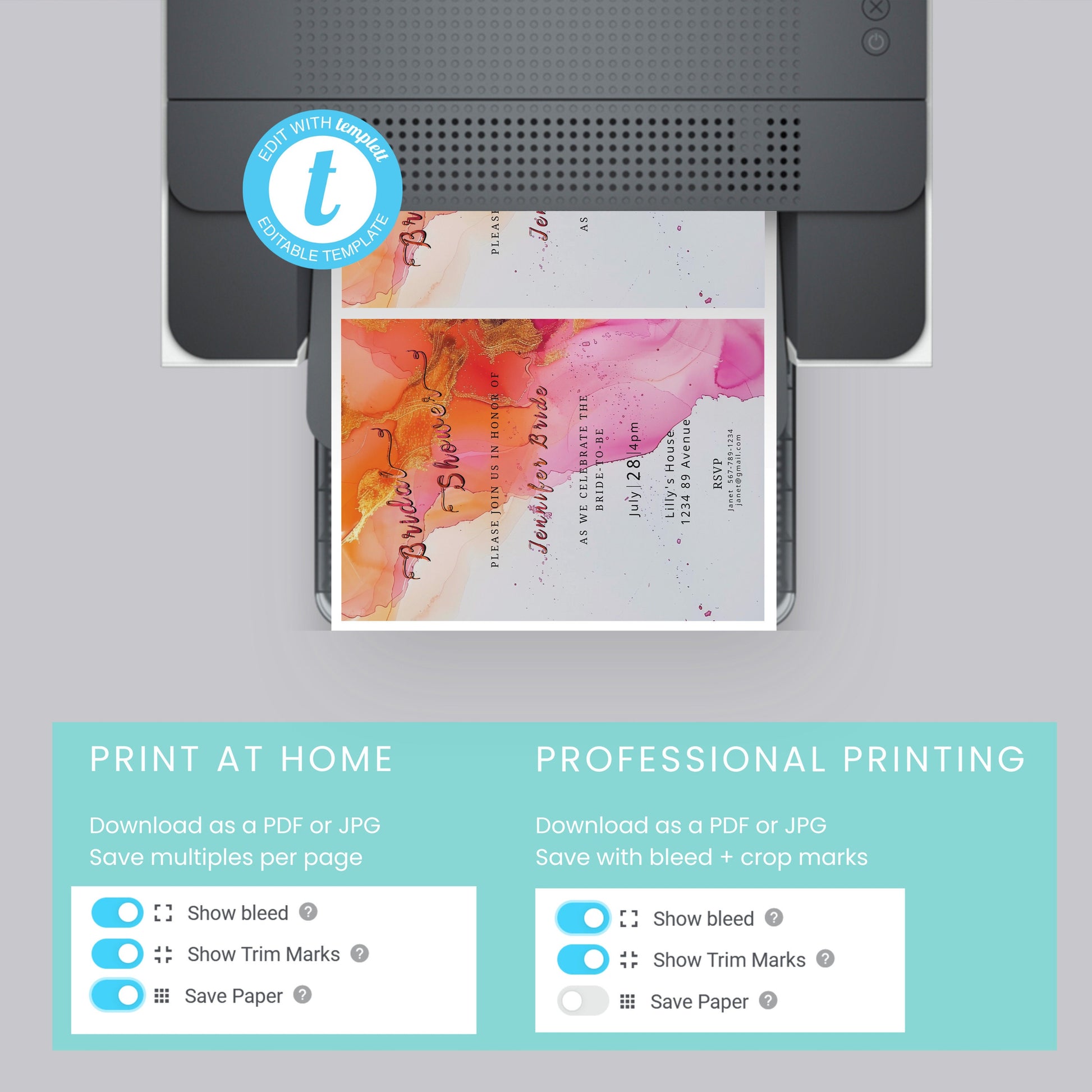 Hot Pink & Orange Baby Shower Invitation Editable Alcohol Ink Invite Template