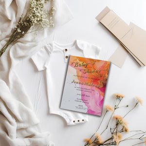 Hot Pink Floral Baby Shower Invitation – Alcohol Ink Editable Template