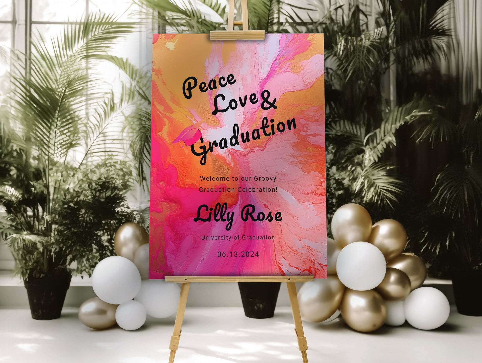 Groovy Retro Graduation Welcome Sign: Hot Pink & Orange Poster (Editable)