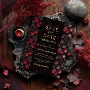 Editable Dragon Quinceañera Save the Date | Red, Black & Gold Fantasy Template (5x7