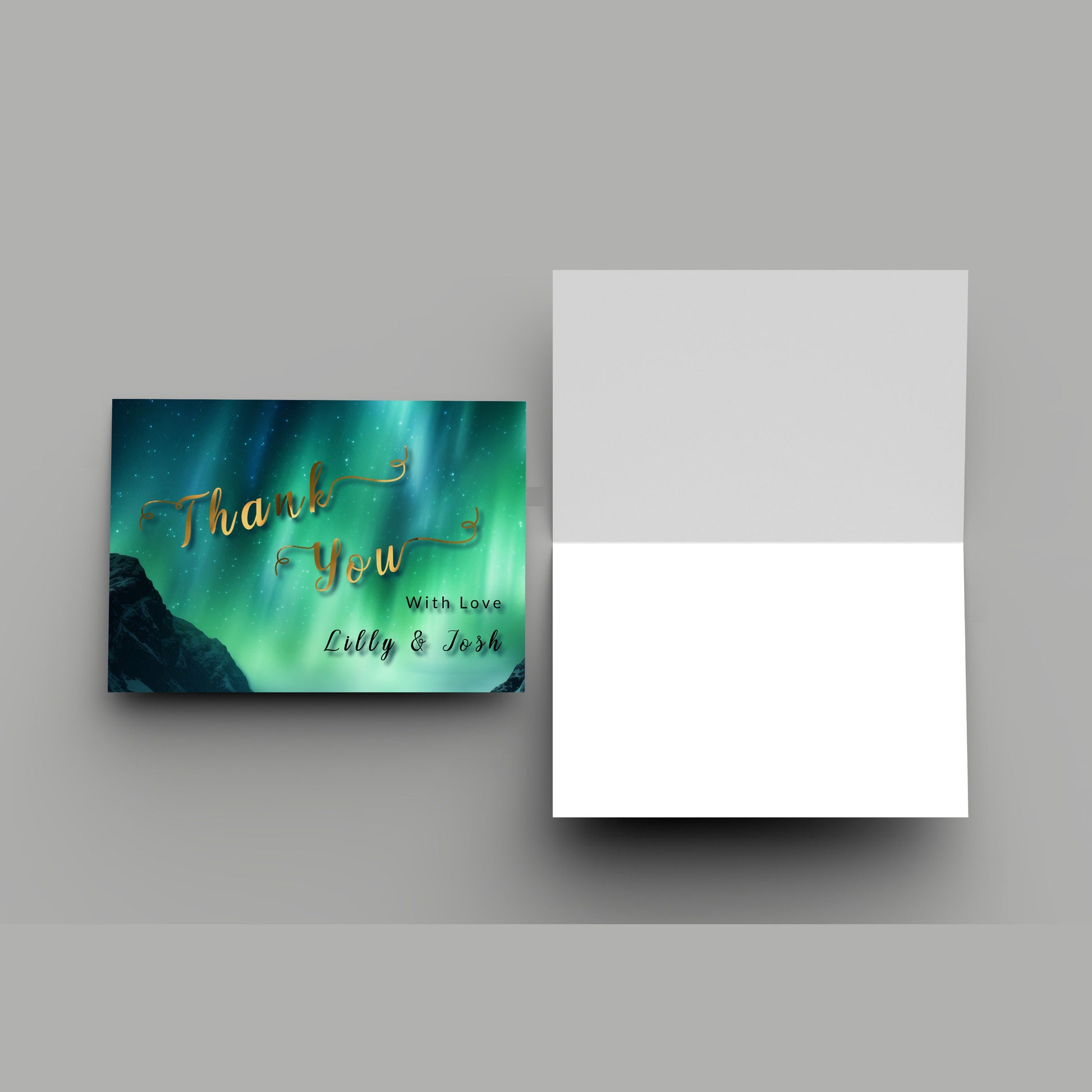 Aurora Borealis Thank You Card: Gold Lettering, Editable Template (5x3.5in)