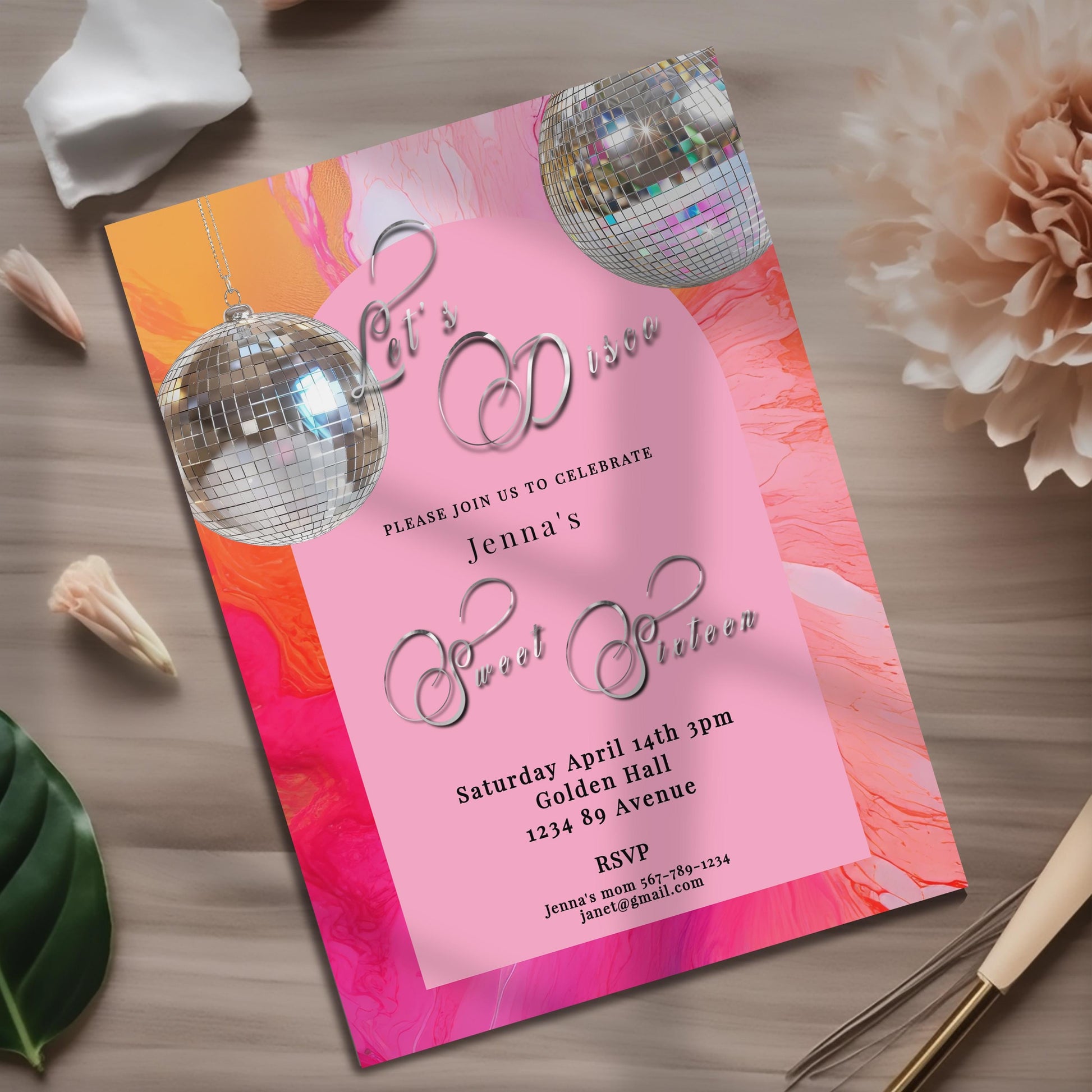 Sweet 16 Disco Birthday Invitation: Retro Hot Pink & Orange (Printable)