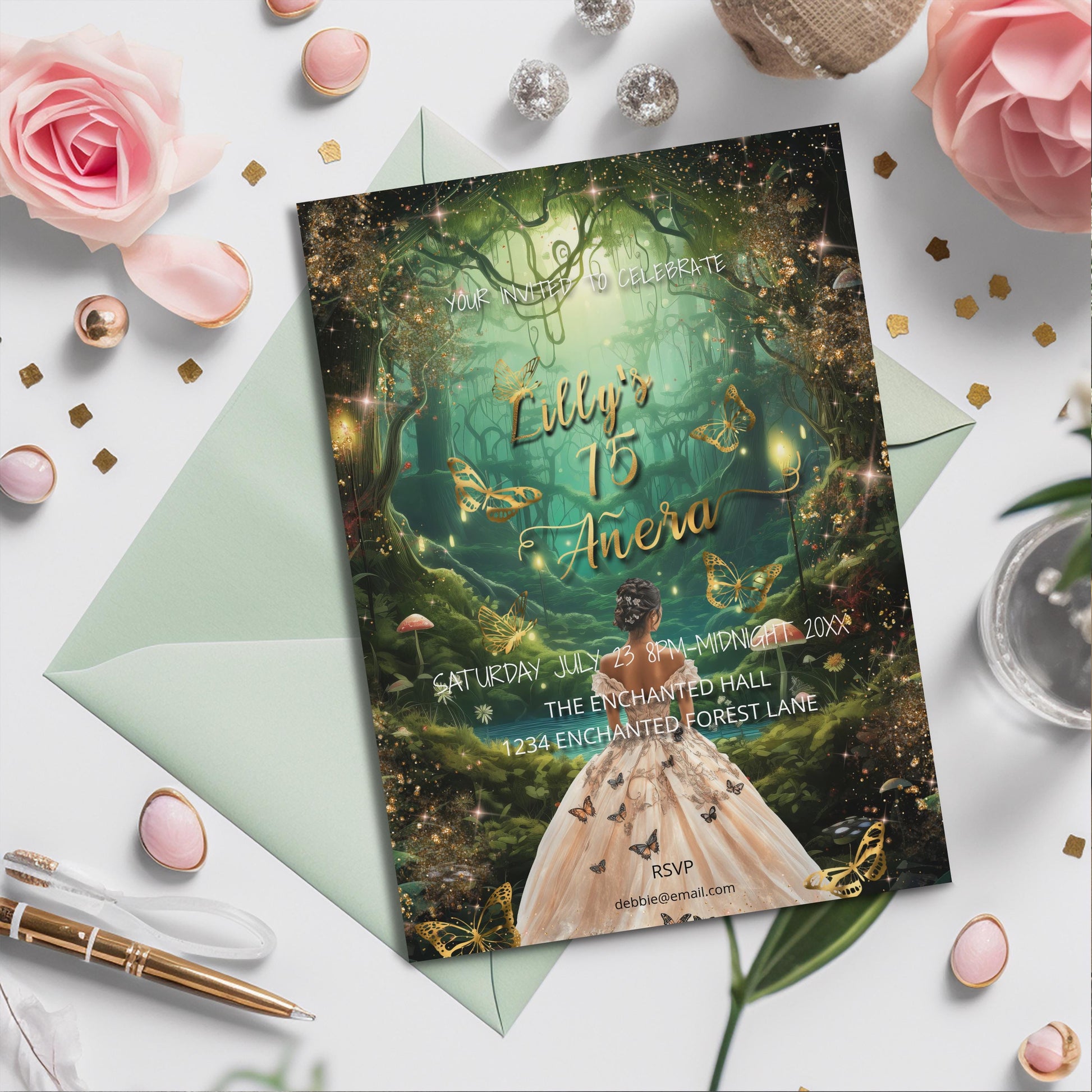 Enchanted Forest Quinceañera Invitation | Magical Butterfly Theme | Editable 5x7 Template | Digital Download