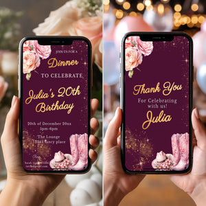 Pink Cowgirl Birthday Mobile Invite: Gold Foil, Thank You Note (Editable Template)