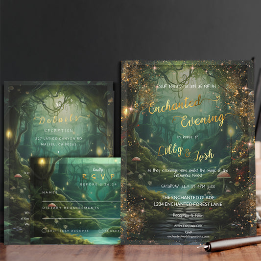 Enchanted Forest Wedding Invitation | Editable Suite With Gold Foil Cards - Instant Download
