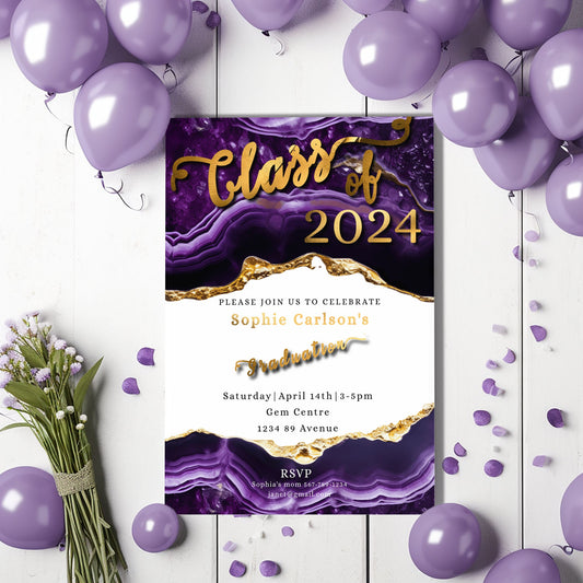 Purple Gold Graduation Invitation - Editable Graduation Invite With Geode Style