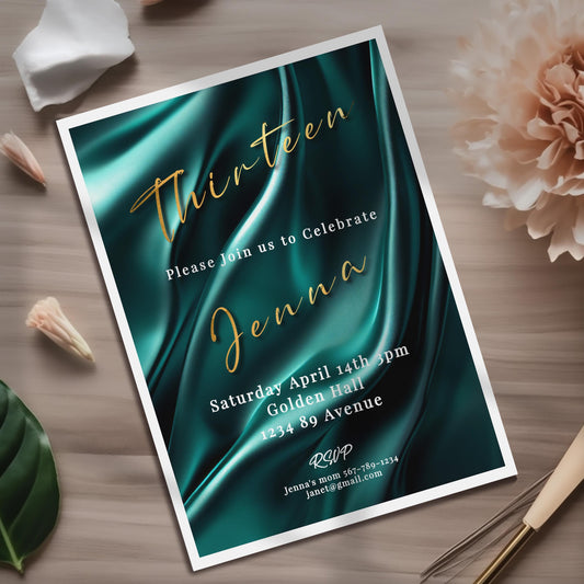 13th Birthday invitation girl teal-Invite Template - Official teenager-editable Digital Download, Teal and Gold-Teen Birthday