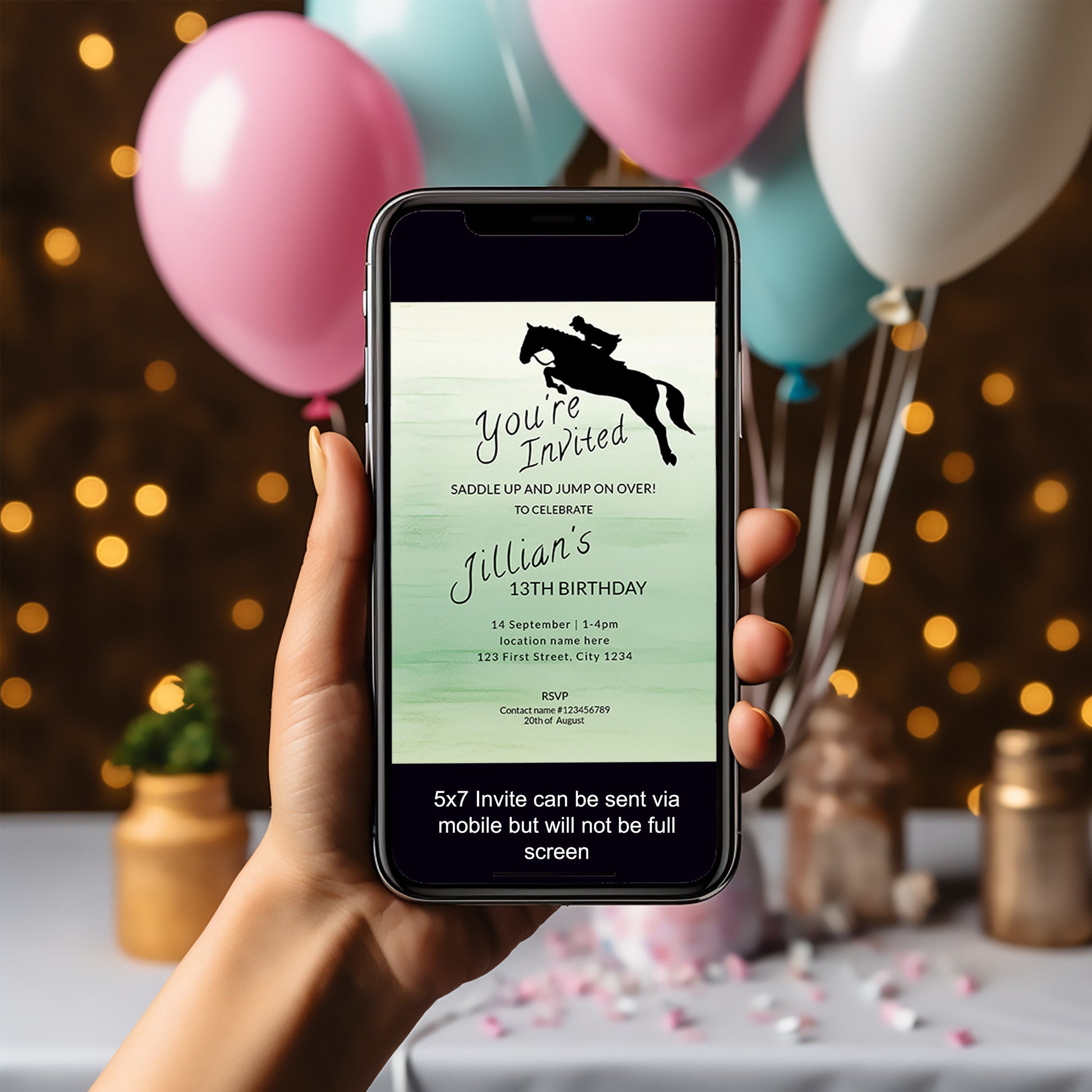 Sage Green Horse Jumping Birthday invite