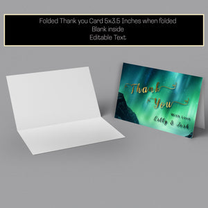 Aurora Borealis Thank You Card: Gold Lettering, Editable Template (5x3.5in)