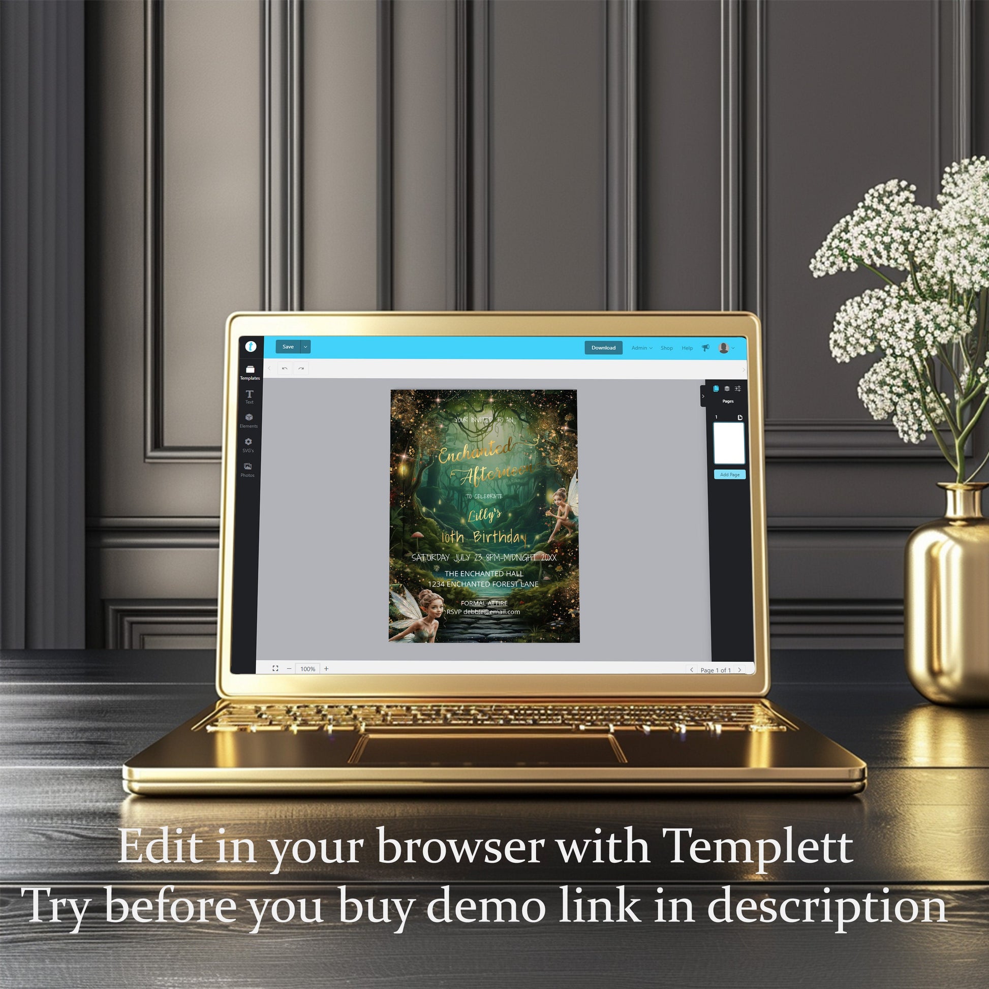 Emerald Green Enchanted Forest Birthday Invitation – Green & Gold Editable Template