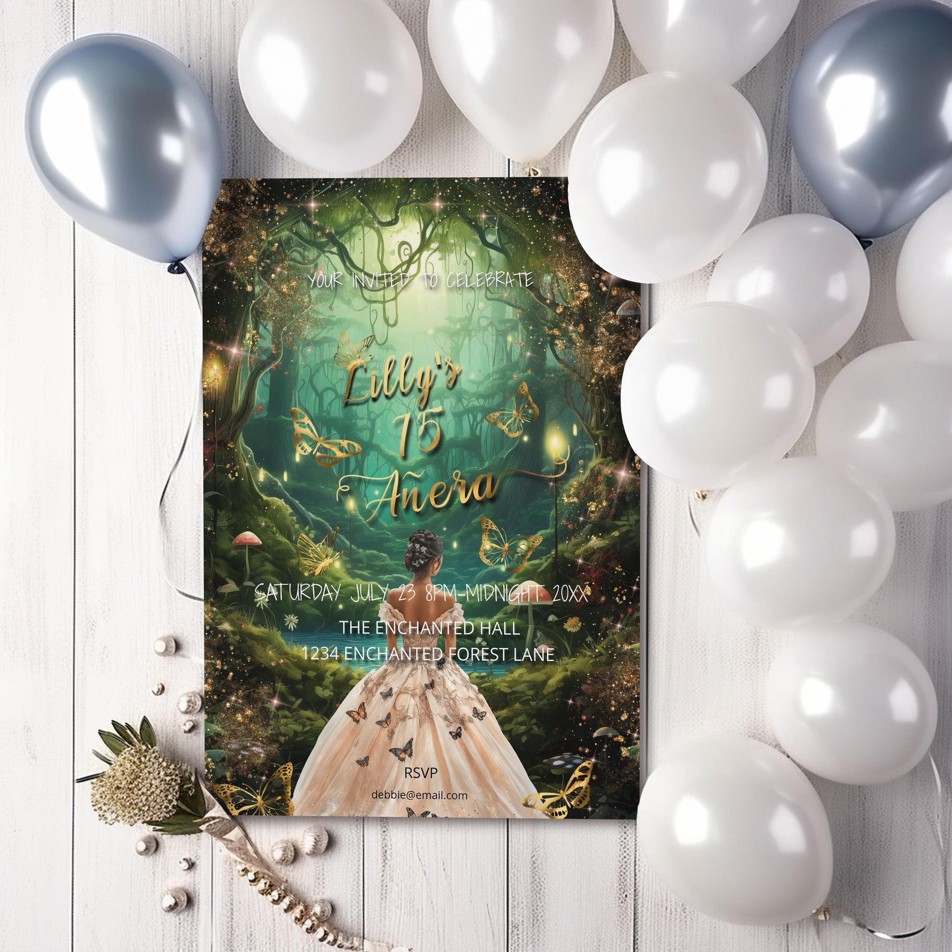 Enchanted Forest Quinceañera Invitation | Magical Butterfly Theme | Editable 5x7 Template | Digital Download