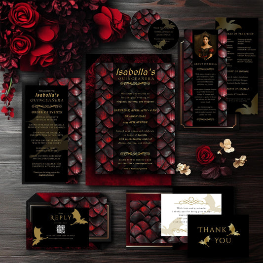 Red and Gold Dragon Quinceañera Invitation Set | Editable Gothic Fantasy Template Suite