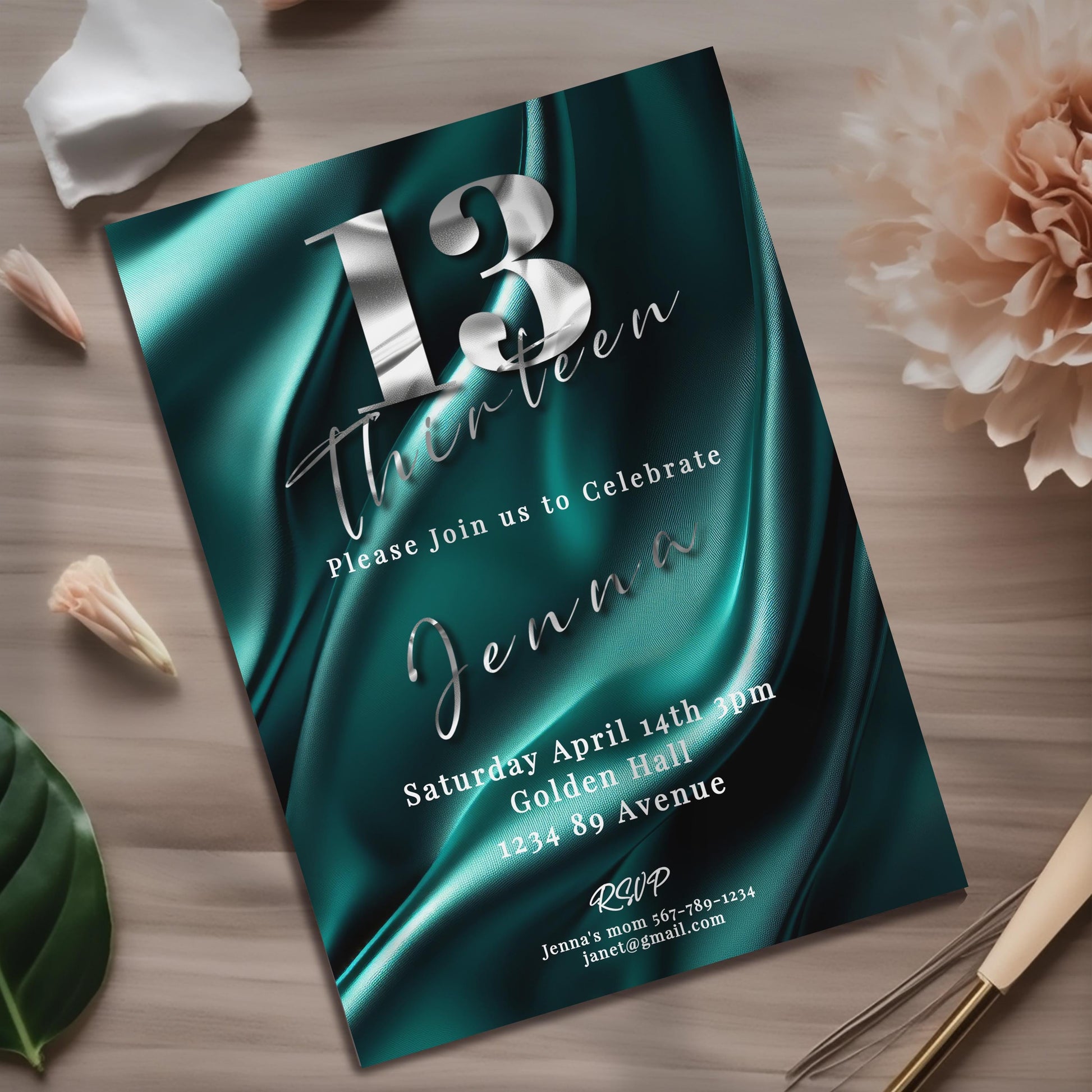 13th Birthday invitation girl teal-Invite Template - Official teenager-editable Digital Download, Teal and Silver-Teen Birthday