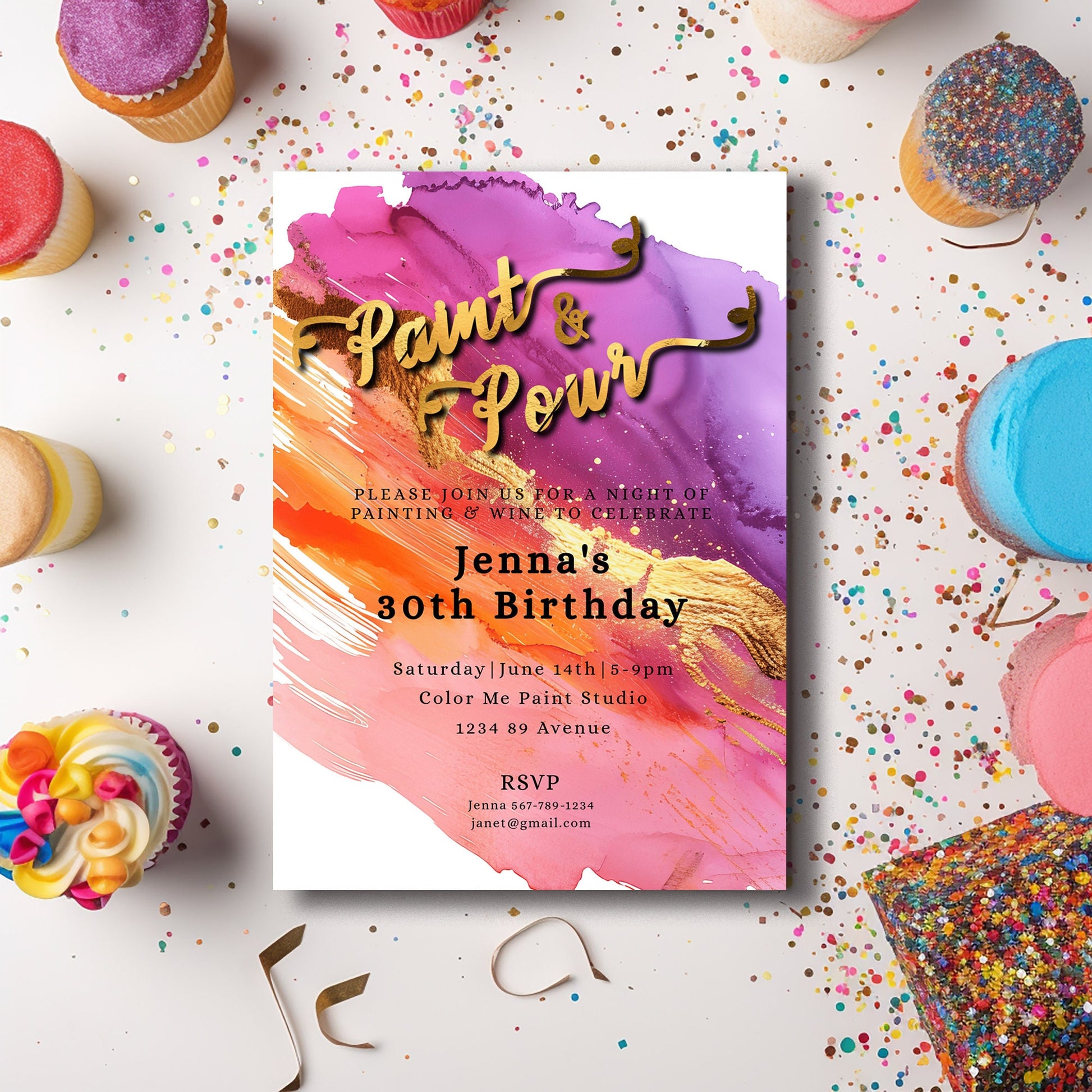 Paint & Pour Birthday Invitation | Editable Art Party Template | Gold Foil 5x7 Digital Download