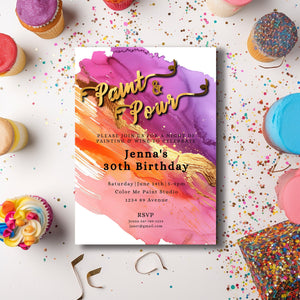 Paint & Pour Birthday Invitation | Editable Art Party Template | Gold Foil 5x7 Digital Download