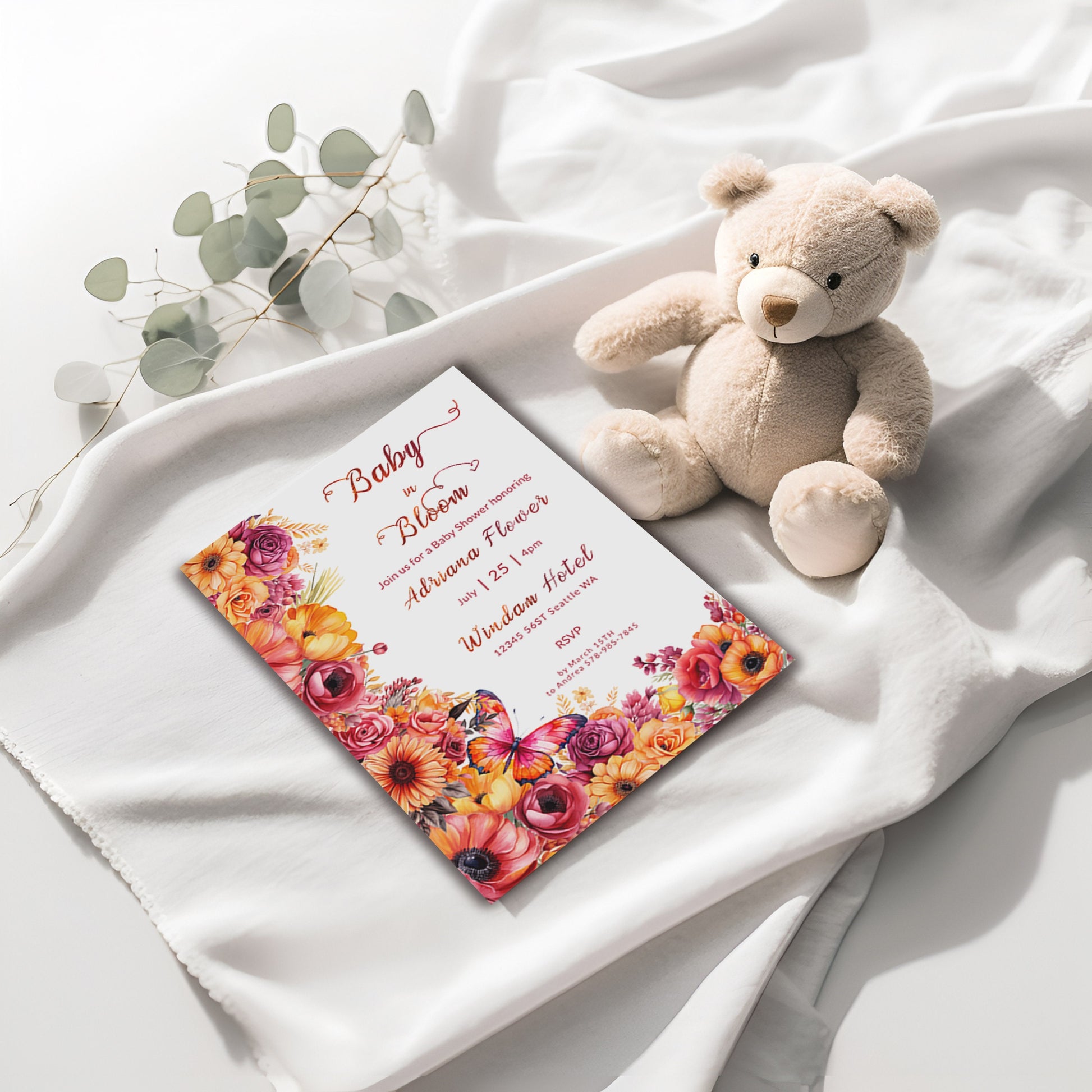 Floral Baby Shower Invitation | Hot Pink & Orange Fiesta Theme | Editable 5x7 Template