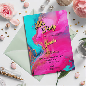 Hot Pink, Teal & Gold Birthday Editable Invitation 5x7in -brunch invite-Editable, Printable - style