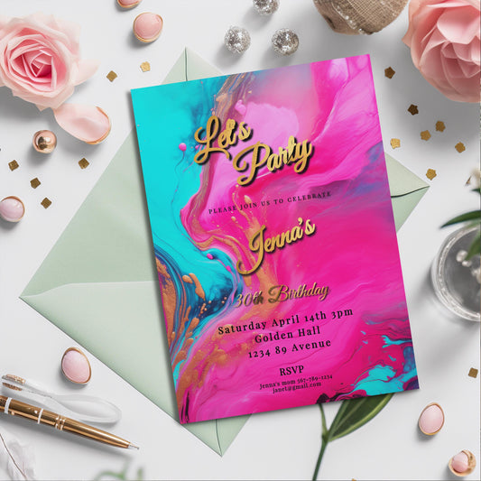 Hot Pink, Teal & Gold Birthday Editable Invitation 5x7in -brunch invite-Editable, Printable - style