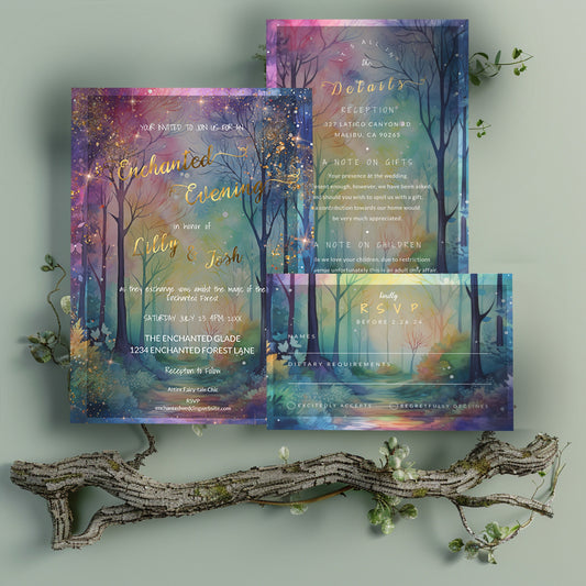 Enchanted Forest Wedding Invitation - Editable Digital Suite | Gold Foil Rustic Design
