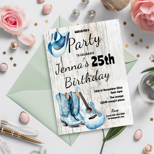 Blue Coastal Cowgirl Invitation - Editable Birthday Template With Western Chic Style